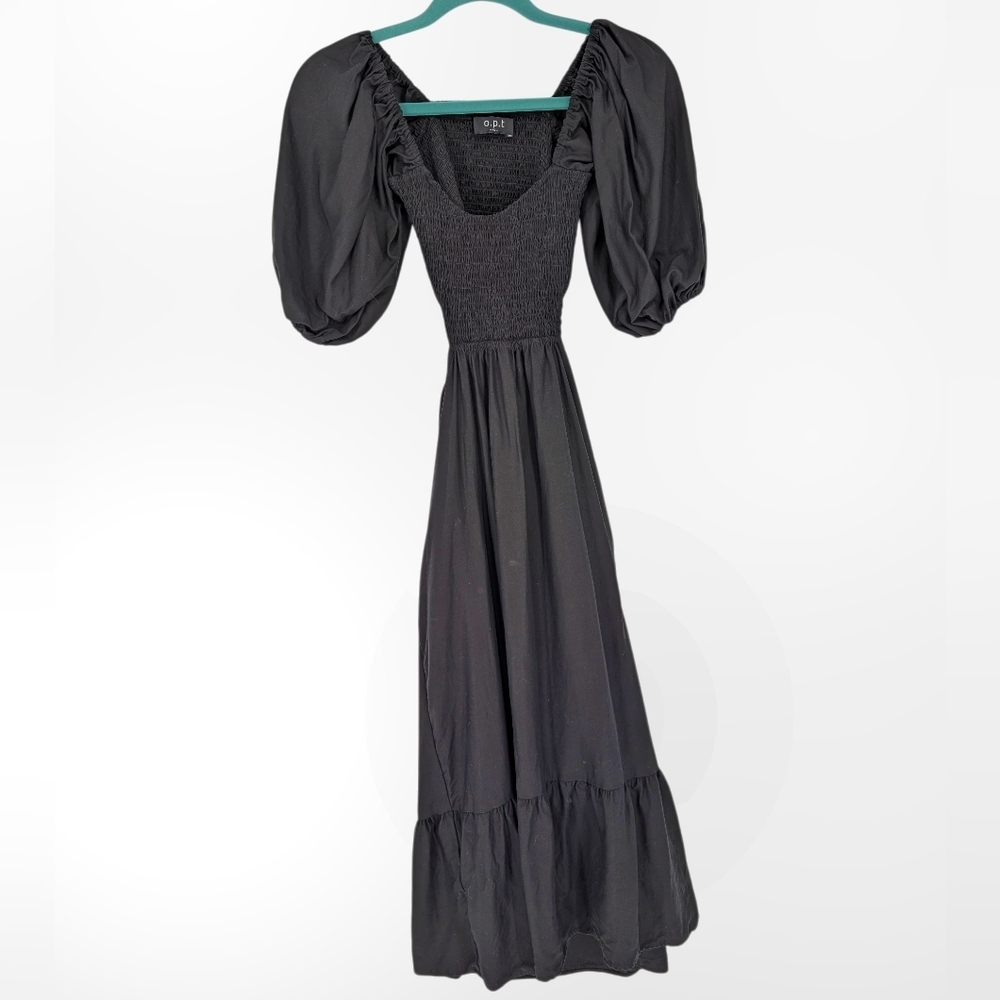 O.P.T. Leighton Black Puff Sleeve Smocked Cutout Midi Dress Tencel Flax XS - Picture 7 of 9